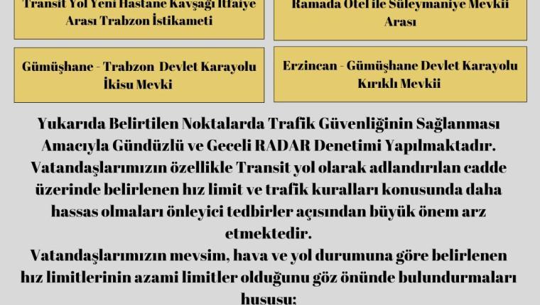 Gümüşhane’de Radar Denetimleri Yapılacak