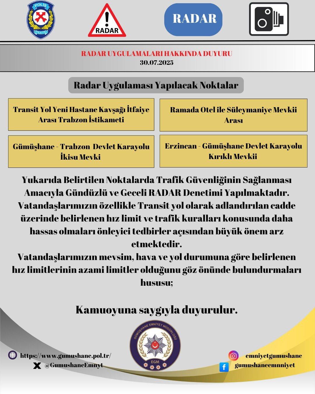 Gümüşhane’de Radar Denetimleri Yapılacak